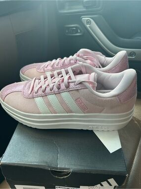 adidas Pink Platform Sneakers with White Stripes, size 7.5 women, 6.5 youth.